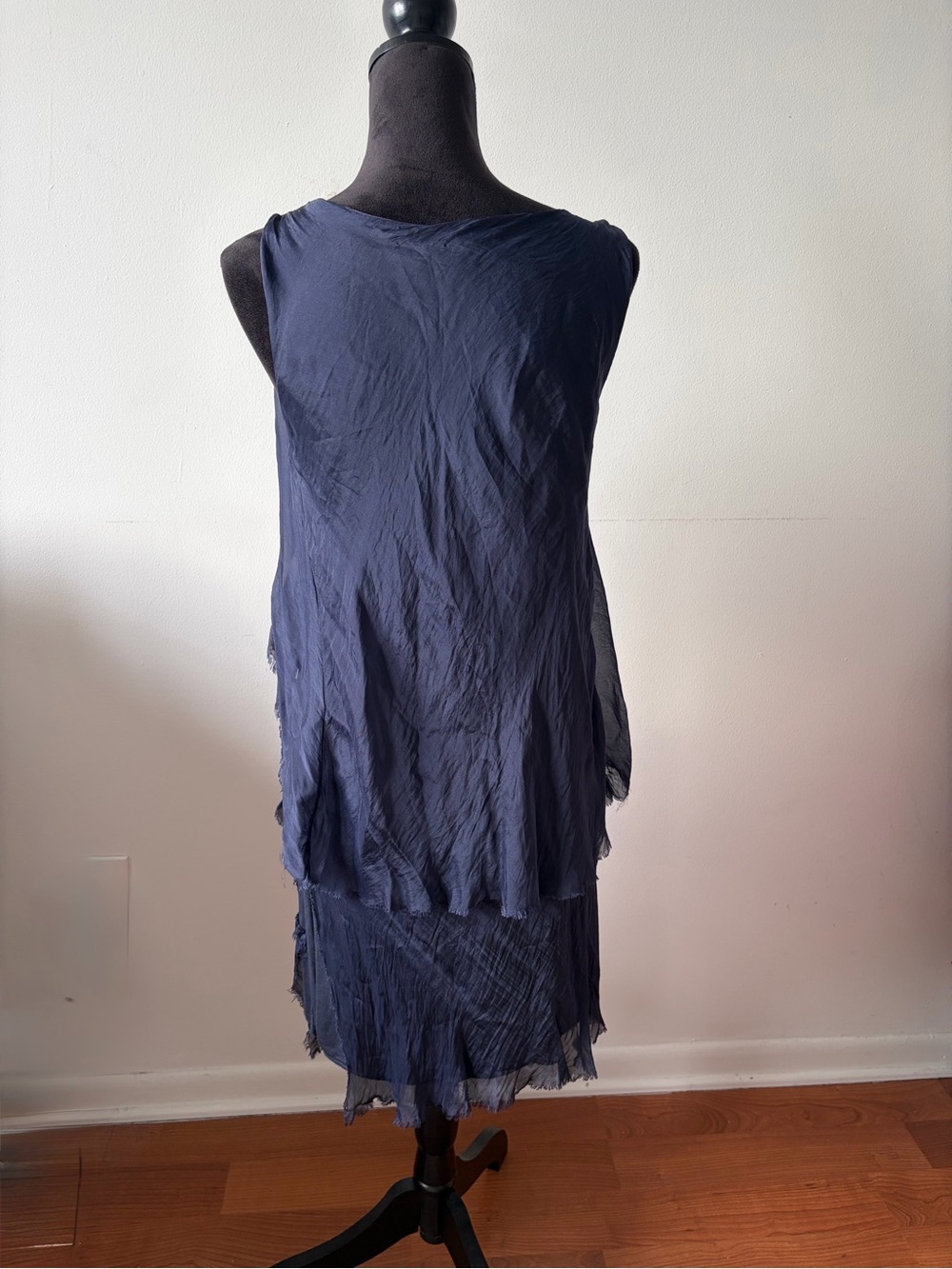 Made in Italy 100% Silk Tiered Ruffle Dress Navy Blue Layered Raw Edge Mini - Picture 4 of 10